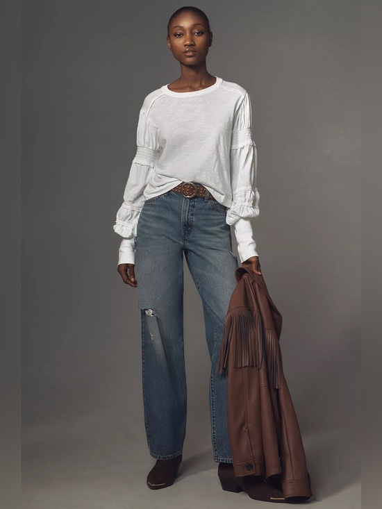 Pilcro Tops - Pilcro Crew-Neck Ruched & Smocked-Sleeve White Top